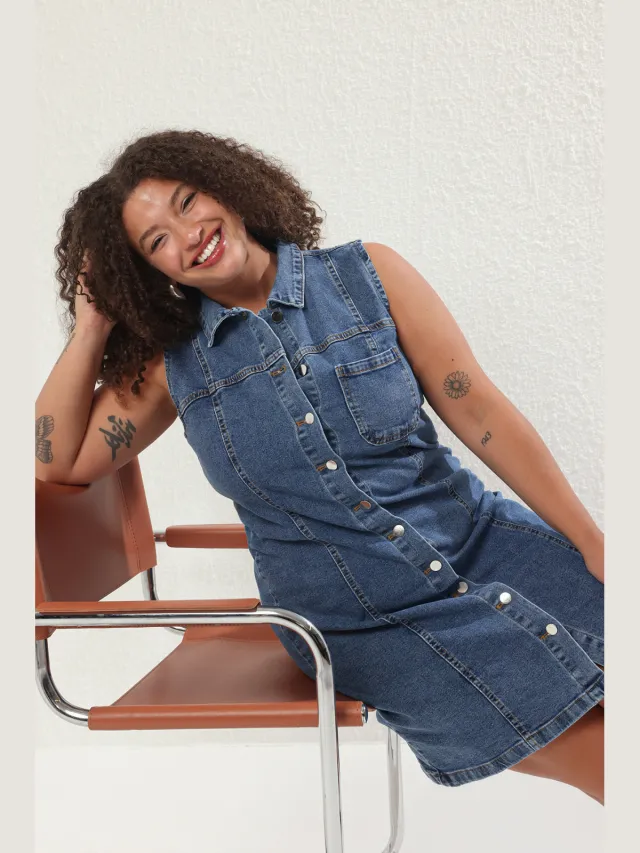 Trendyol Curve Dames Blauw Effen Kort / Mini Mouwloos Casual Recht Grote maten Jurk