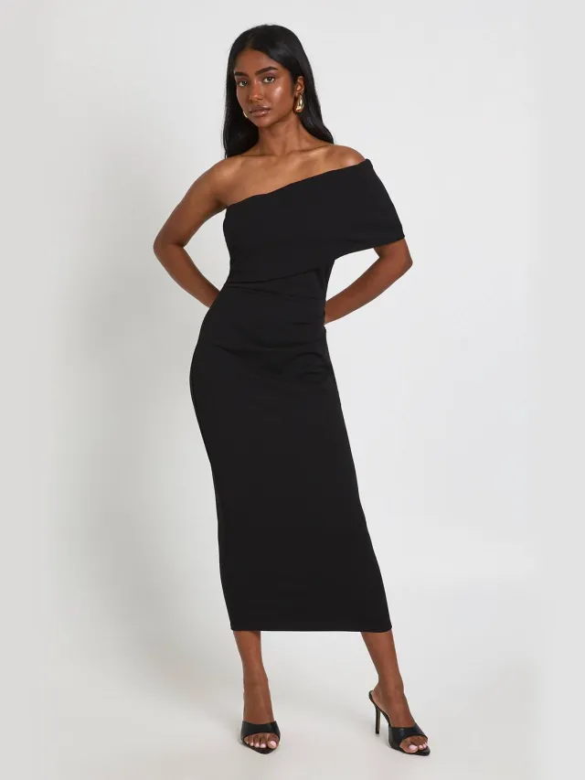 boohoo Dames Jersey Crepe Bardot Midaxi Jurk zwart