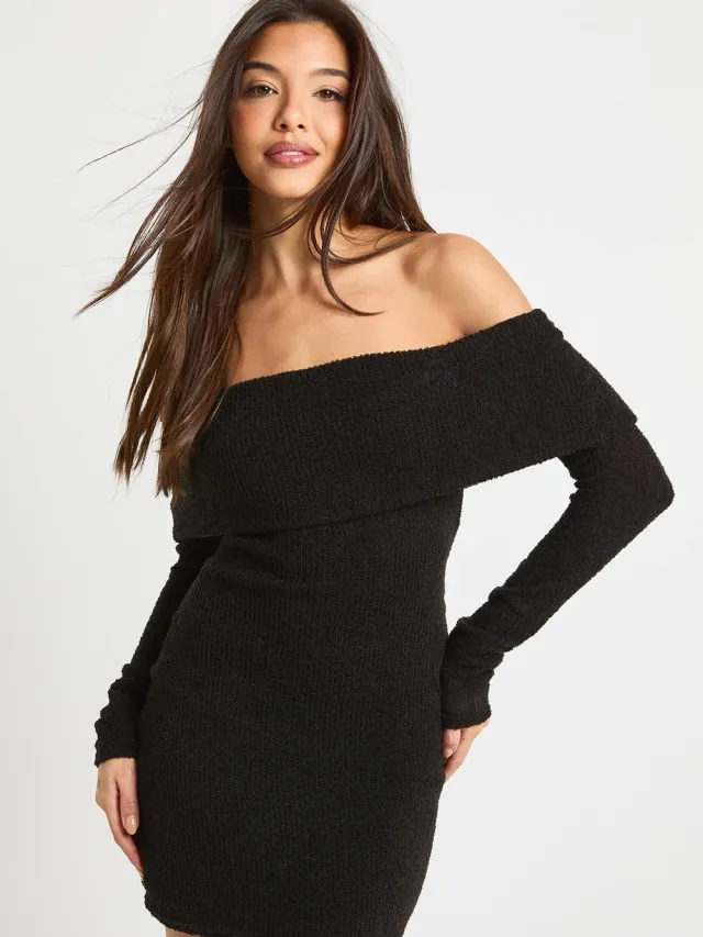 boohoo Dames Getextureerde Diepe Bardot Minijurk zwart, foto 2