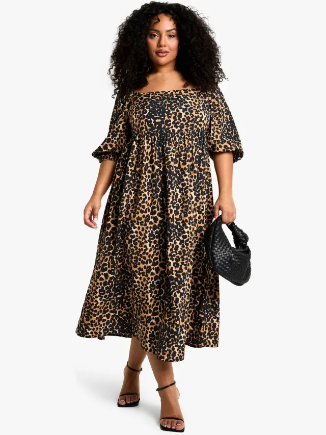 boohoo Dames PLUS Geweven Smock Jurk met Pofmouwen en Strik op de Rug Luipaardprint
