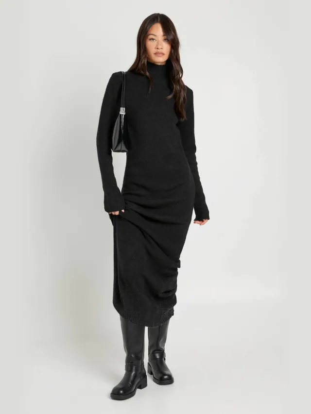 boohoo Dames Lange Super Zachte Hoge Hals Gebreide Maxi Jurk Zwart