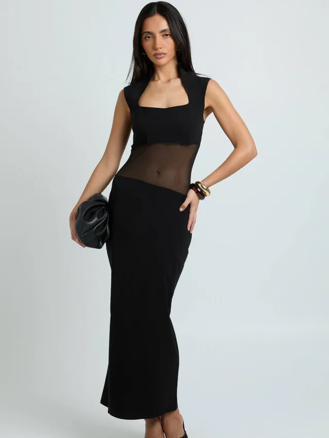 boohoo Dames Bengaline Jurk Met Mesh Detail, Hoge Hals En Midaxi Lengte Zwart