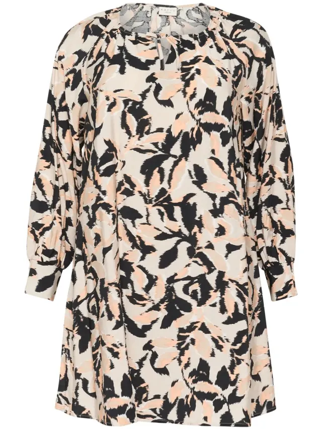 Kaffe Curve Damesjurk met lange mouwen KAFFE Curve Paca beige/zwart/perzik vage blad