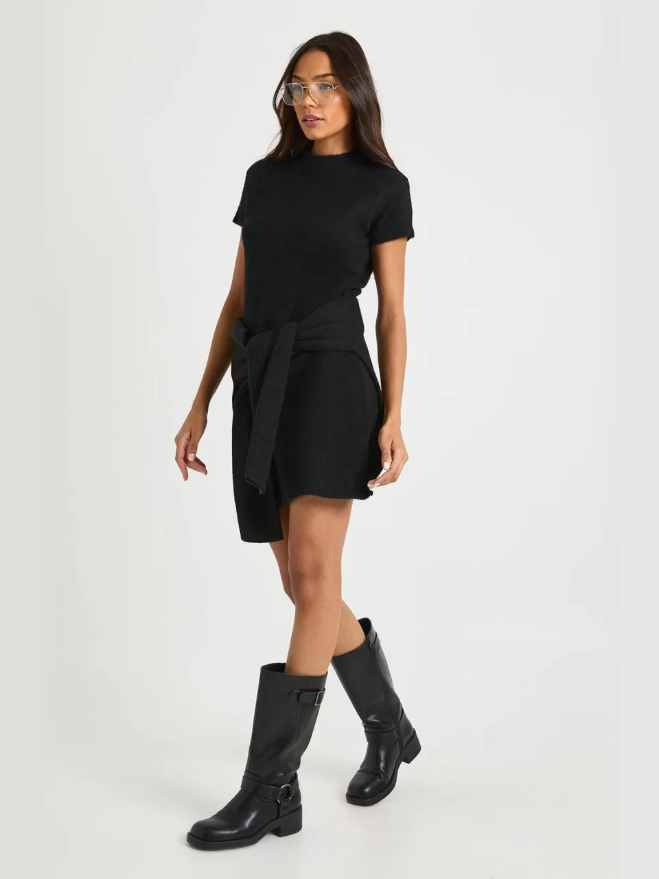 boohoo Dames Lang Hoge Hals Korte Mouw Gebreide Mini-Jurk zwart, foto 2
