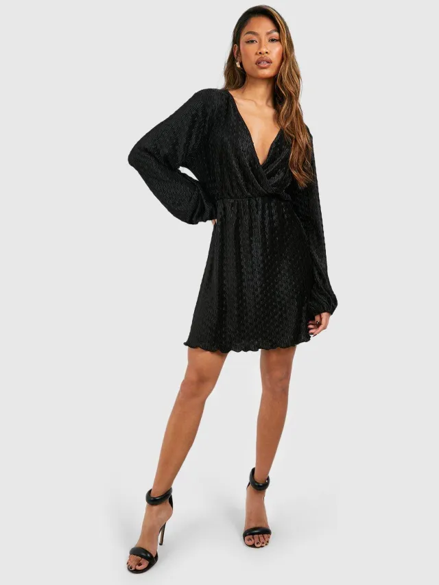 boohoo Dames Wave Plisse Blouson Mini Jurk Zwart