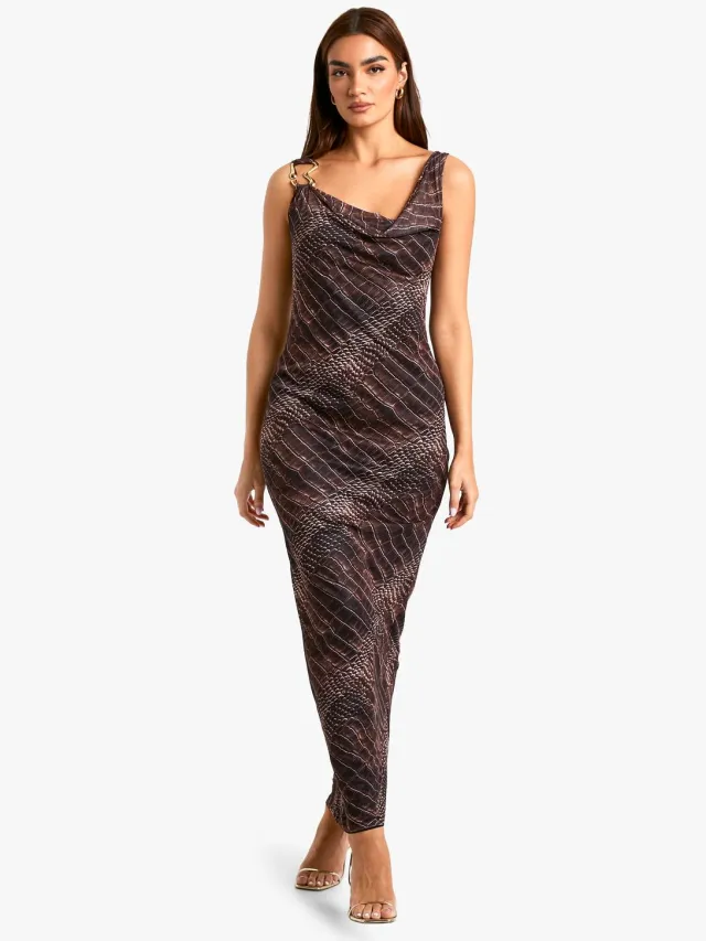 boohoo Dames Croc Print Cowl Mesh Slip Jurk Bruin