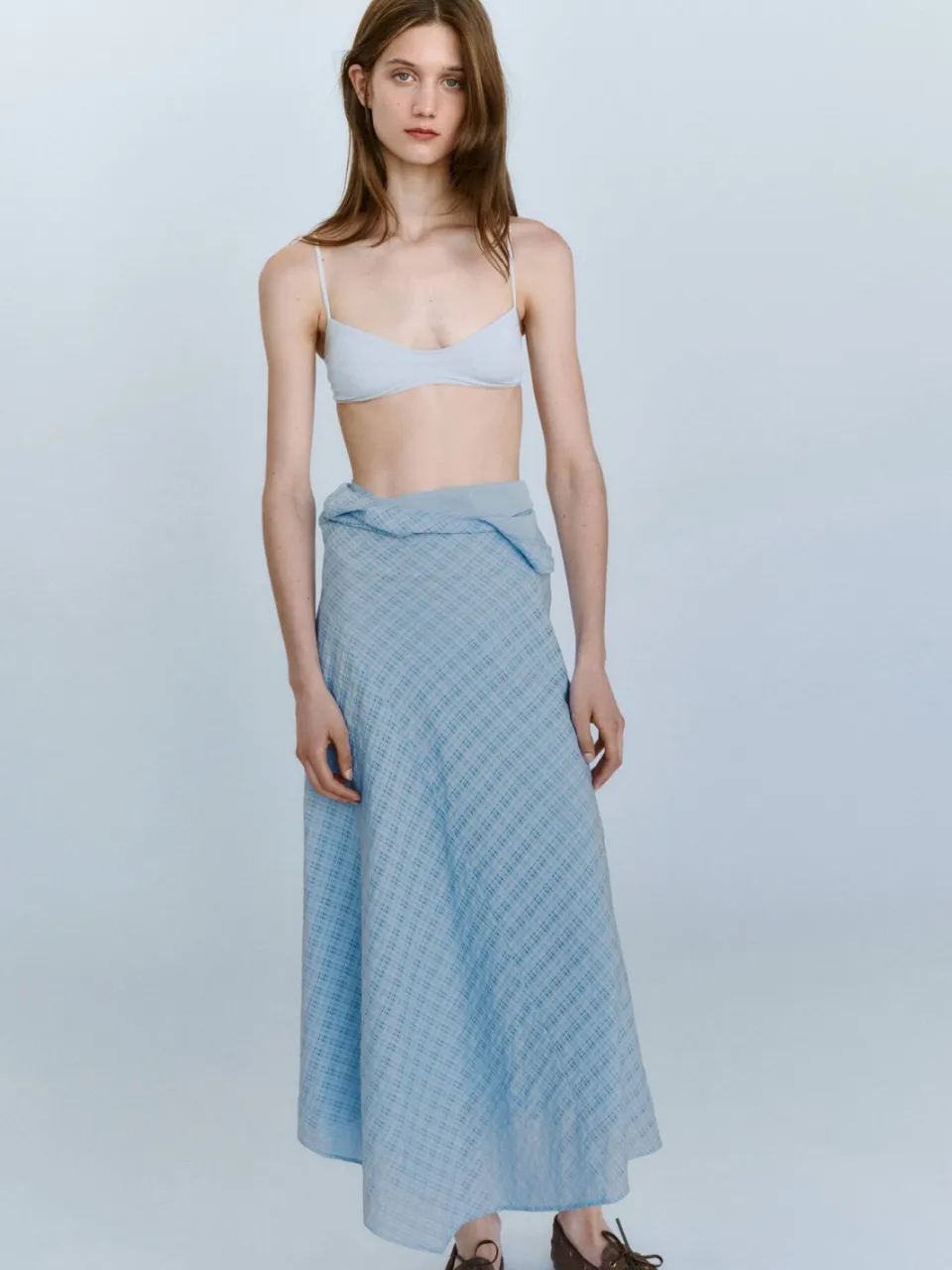 Mango geruite midi zomerjurk - lichtblauw