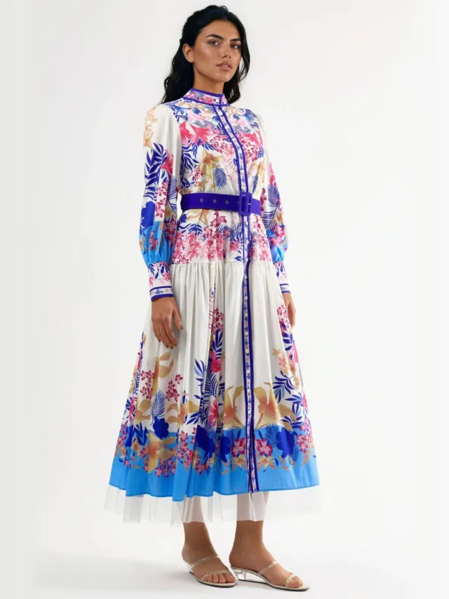 MSN Collection Florale Maxi-jurk met Ceintuur Wit