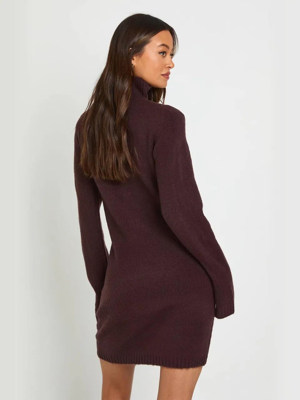 boohoo Dames Tall Hoogsluitende Gebreide Mini Trui-jurk Met Naaddetail chocoladebruin, foto 3