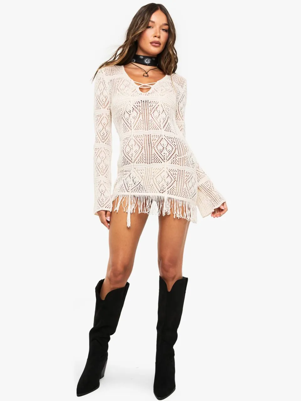 boohoo Dames Tassel Gehaakte Strandtuniek steen, foto 3