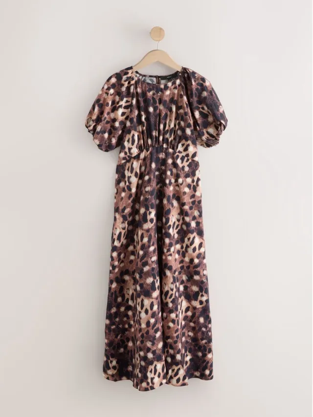 Next Dames - Halflange jurk met pofmouwen - Dierenprint Brown Animal Print