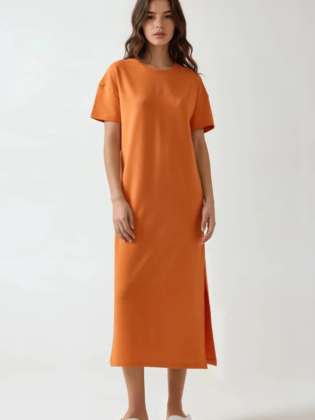 Hiccup Ontspannen Midi-jurk met Ronde Hals Oranje