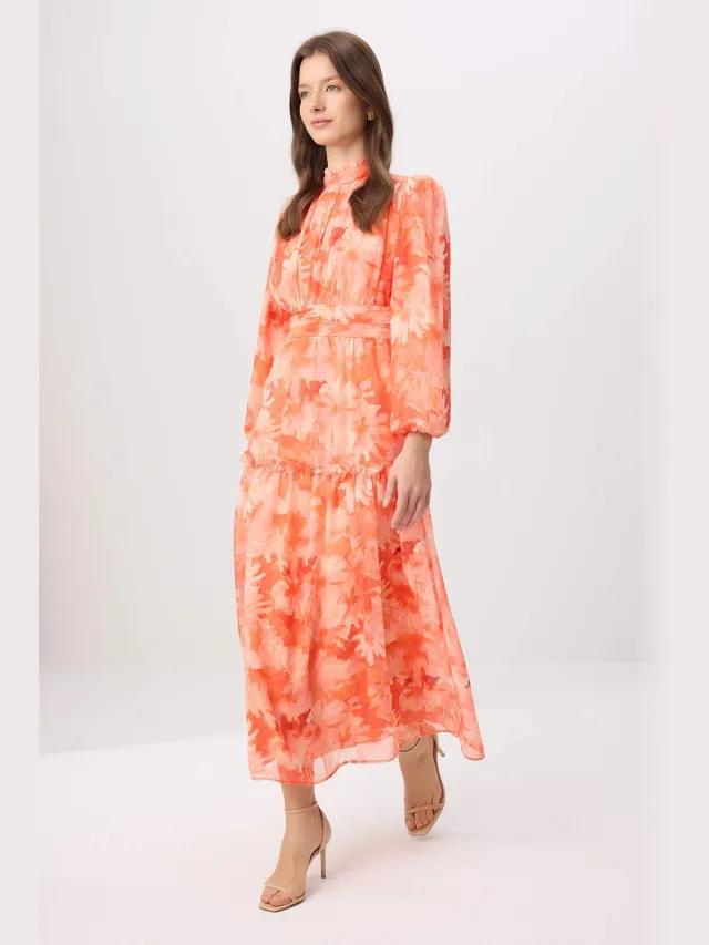 Trendyol Modest Dames Oranje Bloemen Maxi Lang Casual Skater Modest Jurken