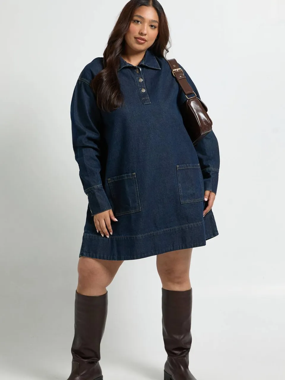 boohoo Dames Plus lange mouwen denim jurk, foto 3