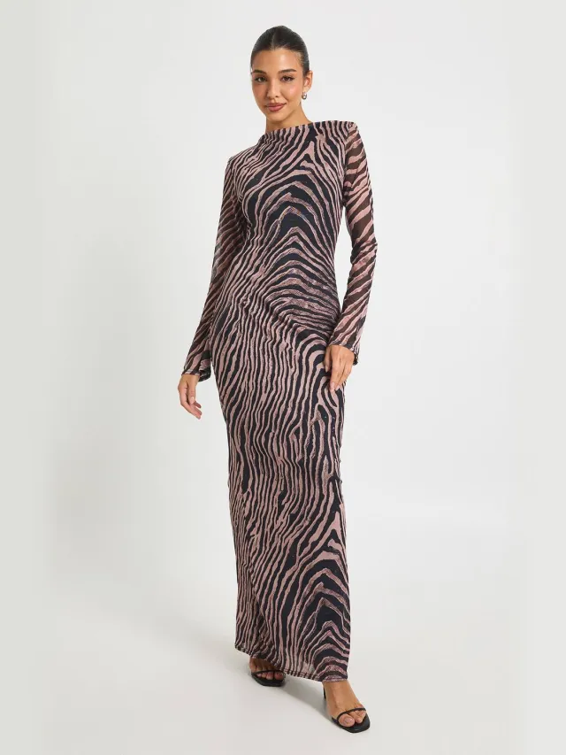 boohoo Dames Zebra bedrukte mesh schouderpad maxi jurk Zwart