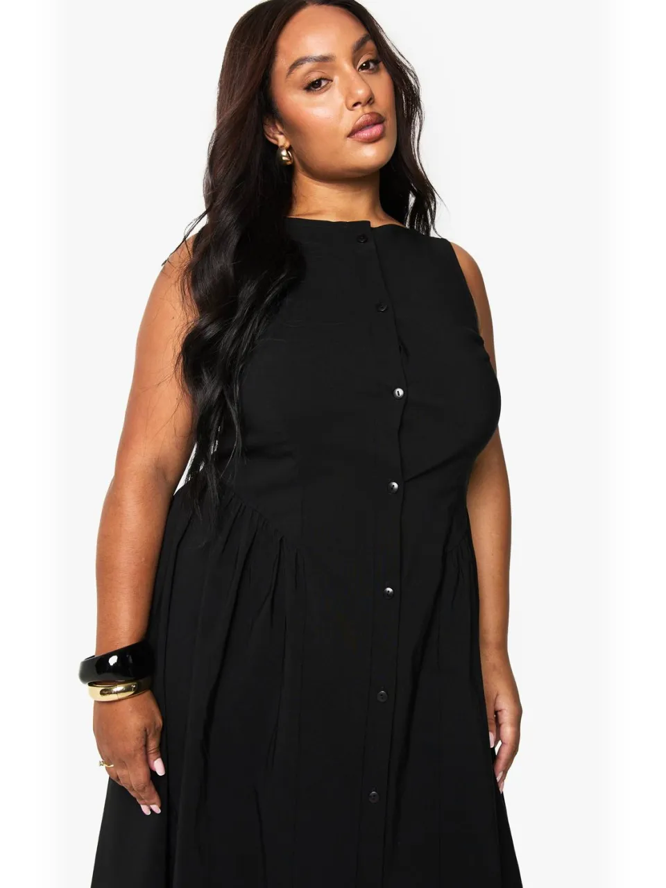 boohoo Dames Plus button-down midaxi skaterjurk zwart, foto 2