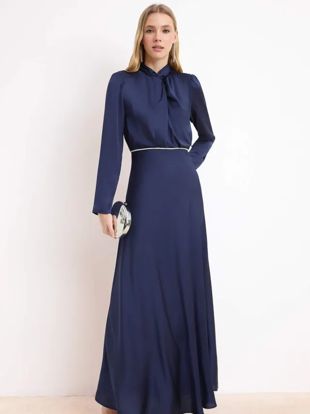 Turkishsouq Damesjurk in marineblauw, plat model, maxi-model, chique/nachtelijke skaterstijl, bescheiden avondjurk Marineblauw/Blauw