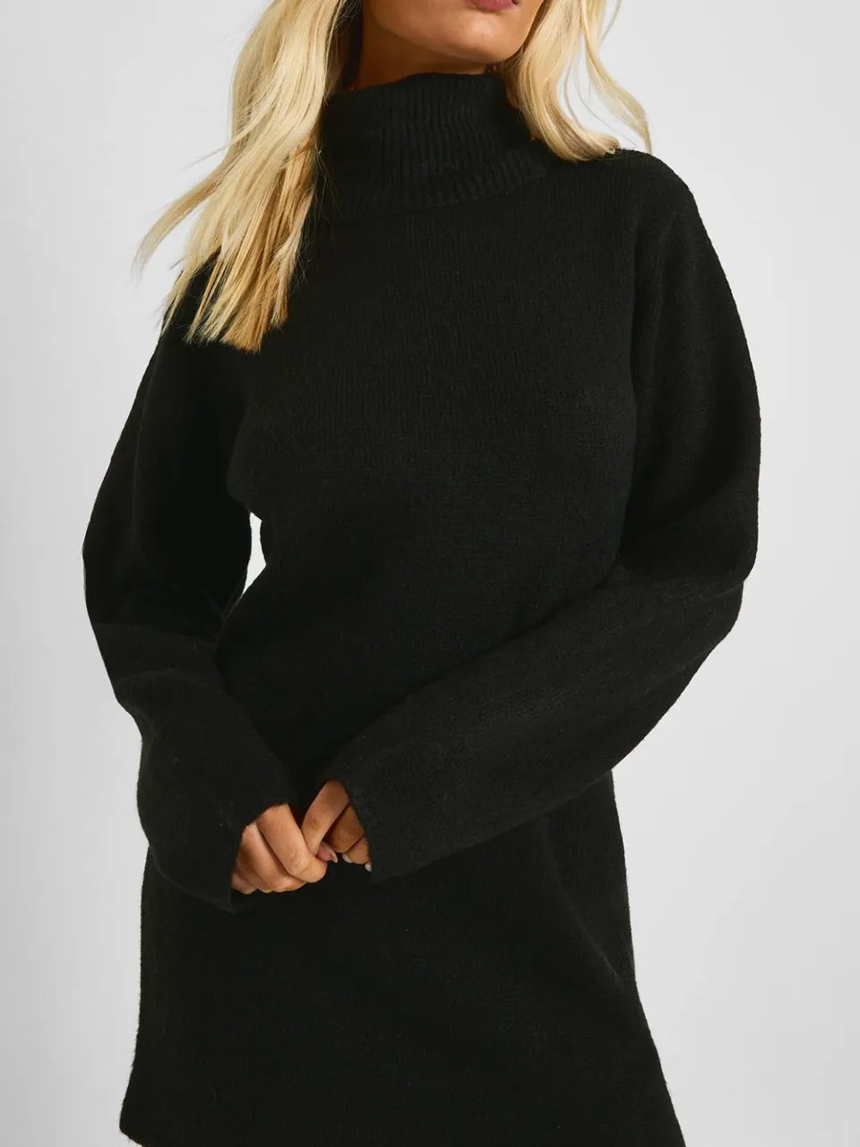 boohoo Dames Minijurk met rolkraag in chunky breisel zwart, foto 4