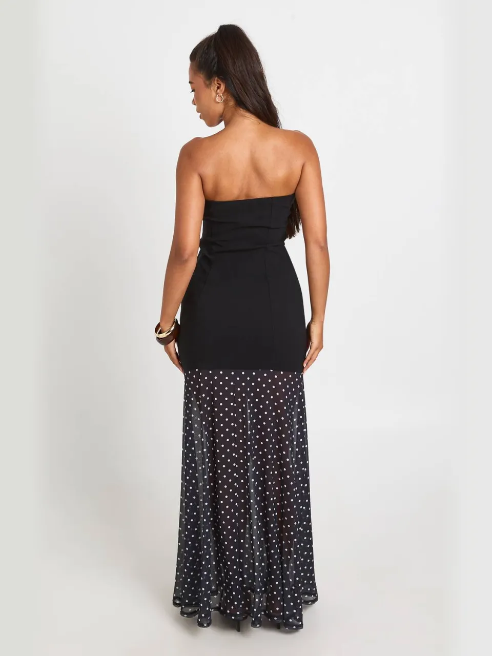 boohoo Dames Bengaline Bandeau Jurk Met Gestippelde Mesh Zoom zwart, foto 2