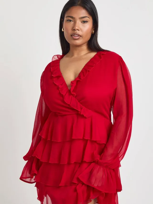 boohoo Dames Plus Ruffle Wrap Skater Jurk Rood
