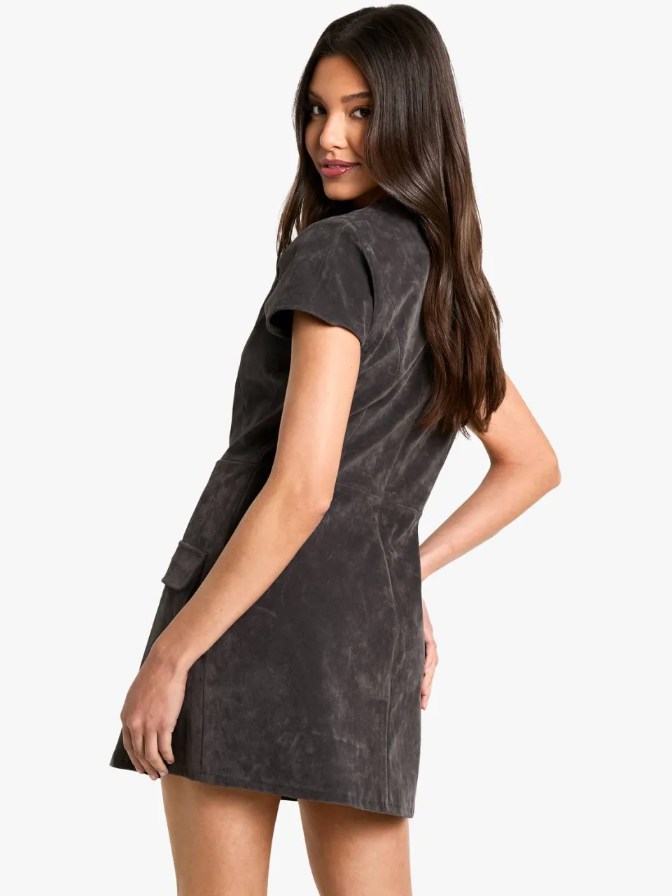 boohoo Dames Mini jurk in suede met capmouwen houtskool, foto 2