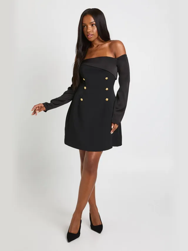 boohoo Dames Bardot lange mouwen getailleerde mini-jurk Zwart
