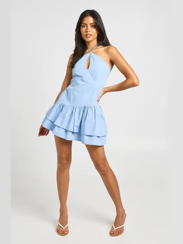 boohoo Dames Katoenen Popeline Halternek Jurk Met Asymmetrische Zoom Babyblauw