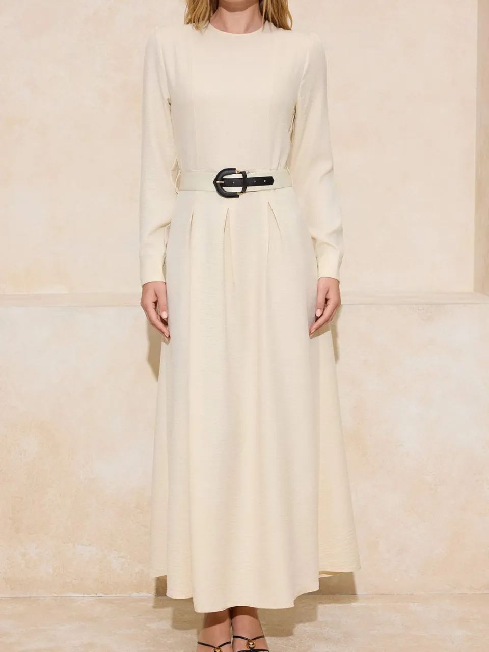 Trendyol Modest Dames Beige Effen Maxi Lang Casual Skater Modest Jurken, foto 2