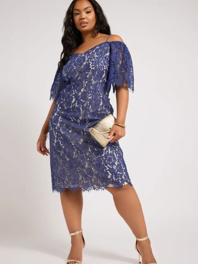 Yours London Shiftjurk Met Bloemenkant En Blote Schouders In Blauw Blue