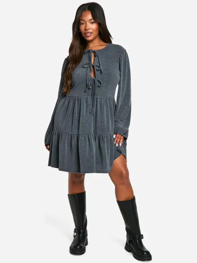 boohoo Dames Plus Two Tone Rib Tie Front Smock Jurk Grijs