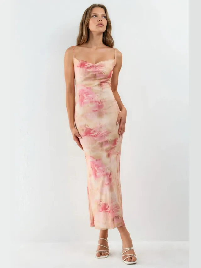 Hiccup Halslijn met grote opening Patroon Maxi Jurk Roze