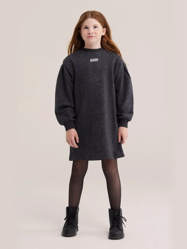 WE Fashion Meisjes oversized sweat jurk met print Dark grey