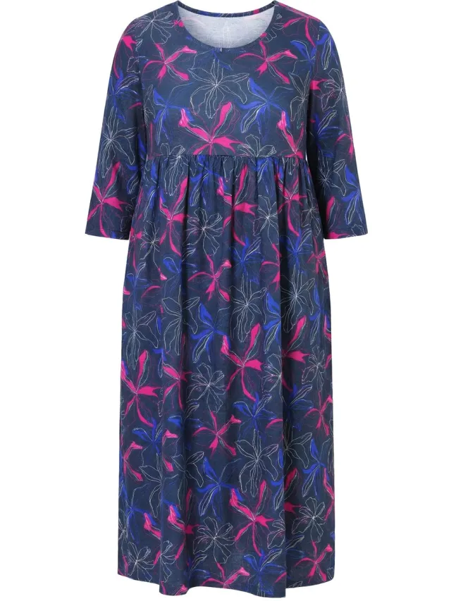 Ulla Popken Dames - Jersey jurk A-lijn ronde hals 3/4-mouwen zakken - Marine - Maat 50+
