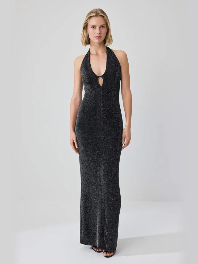 Trendyol TRENDYOLMİLLA Dames Zwart Effen Maxi Mouwloos Recht Avond & Gala Jurk