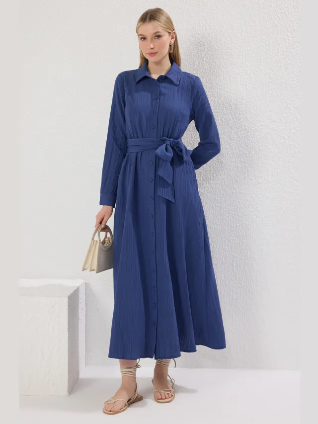 Trendyol Modest Dames Donkerblauw Effen Maxi Lang Casual Blousejurk Modest Jurken Kobaltblauw