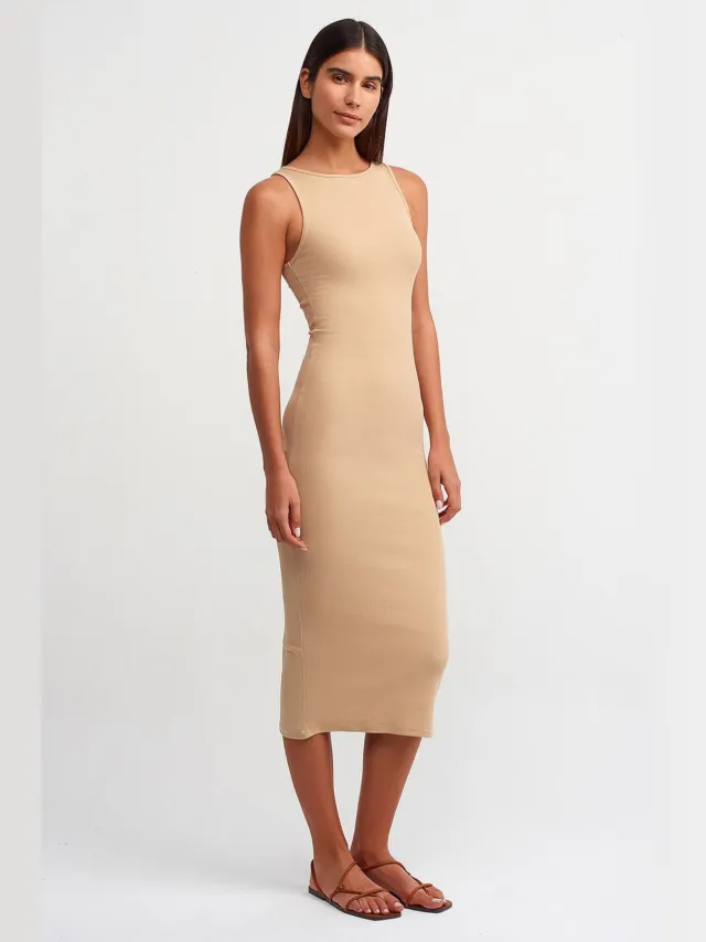 Dilvin Katoenen Elastaan Maxi Jurk Beige