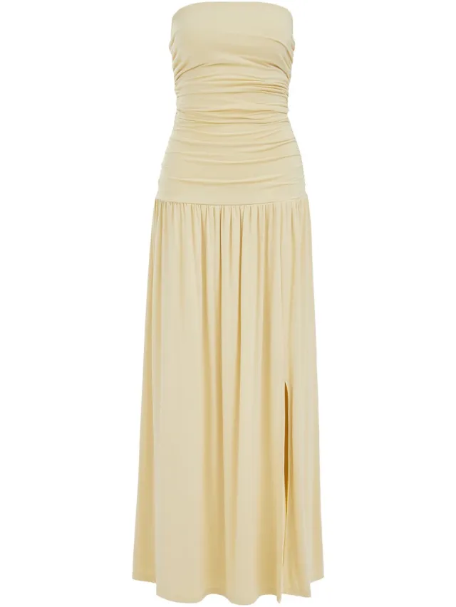 WE Fashion Dames jersey strapless maxi jurk met plooidetail Light yellow