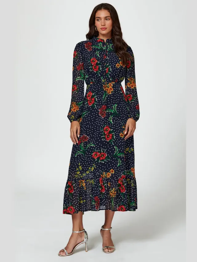 FS Collection Maxi-jurk met bloemenprint in marineblauw
