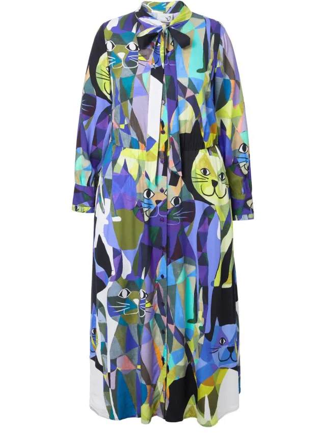 Ulla Popken Dames - Maxi-jurk A-lijn V-hals strik lange mouwen - Purper - Maat 46+