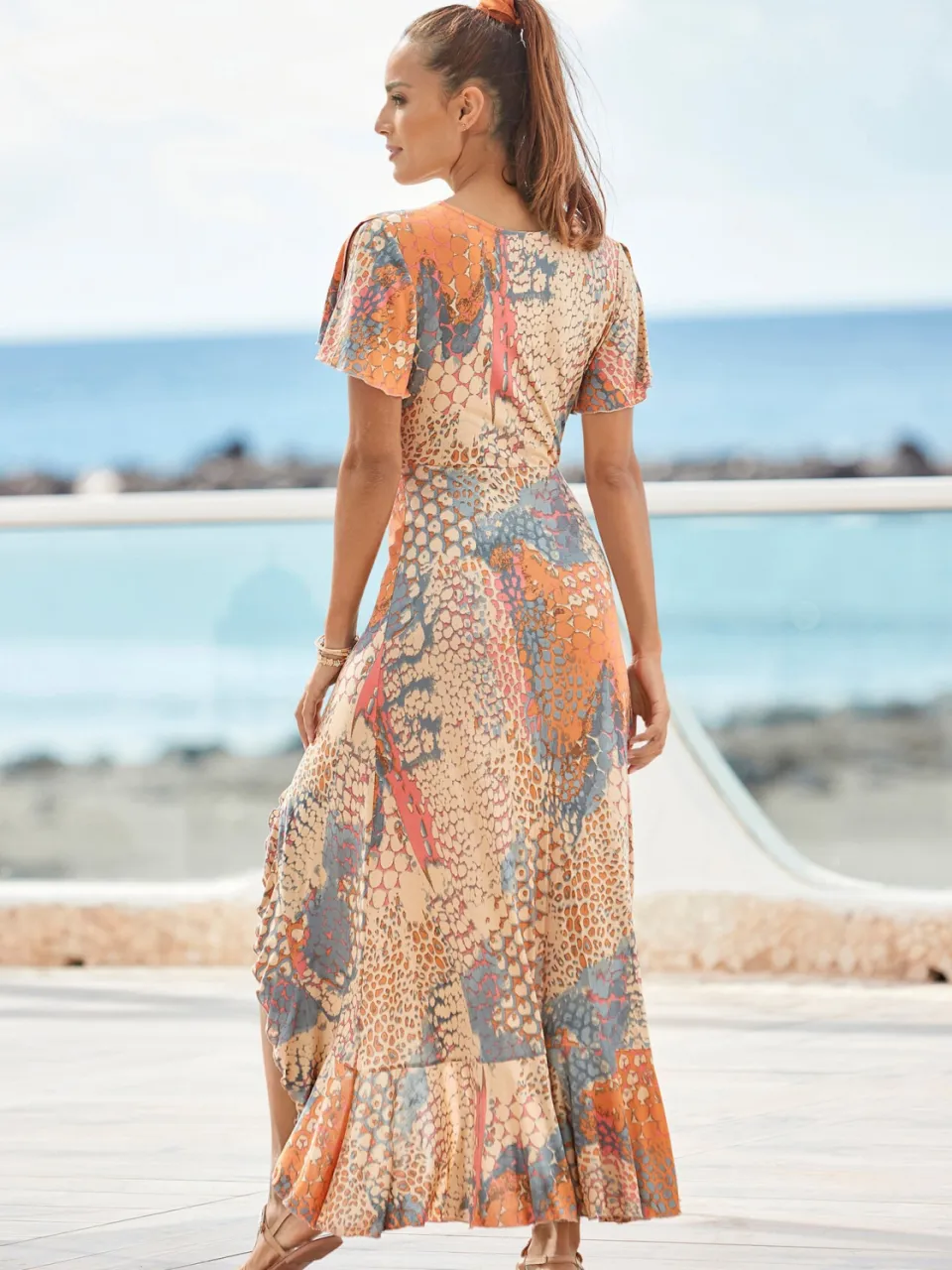 Maxi-jurk oranje/blauw bedrukt