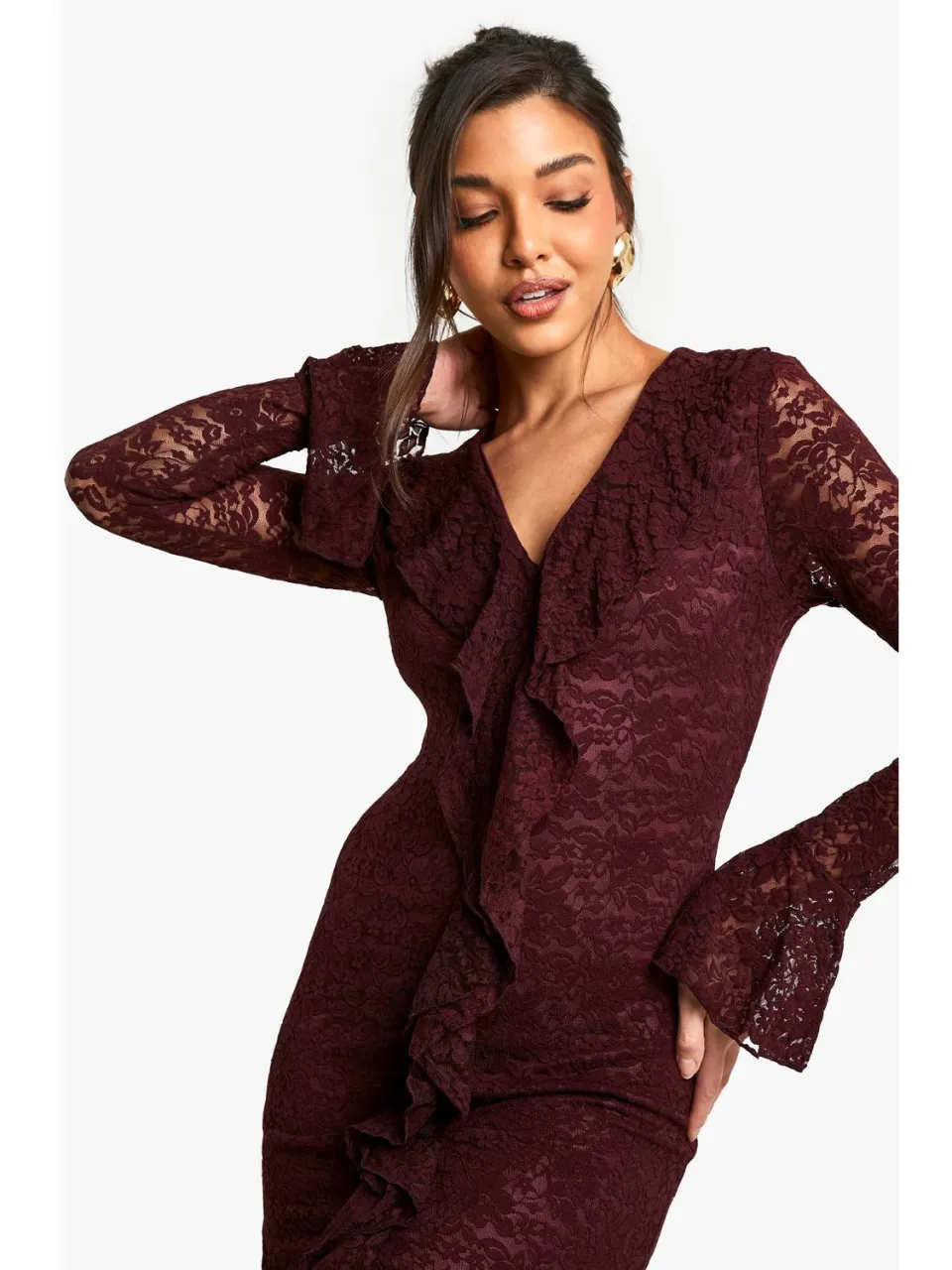 boohoo Dames Lace Ruffle Flare Sleeve Mini Dress pruim, foto 4