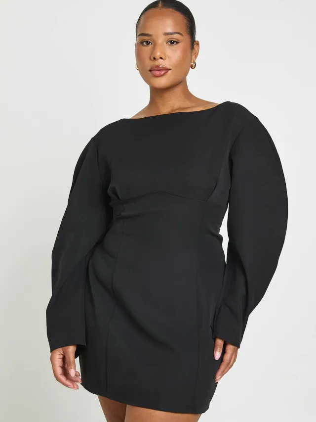 boohoo Dames Mini A-lijn Jurk Met Ballonmouwen En Slash-hals Zwart
