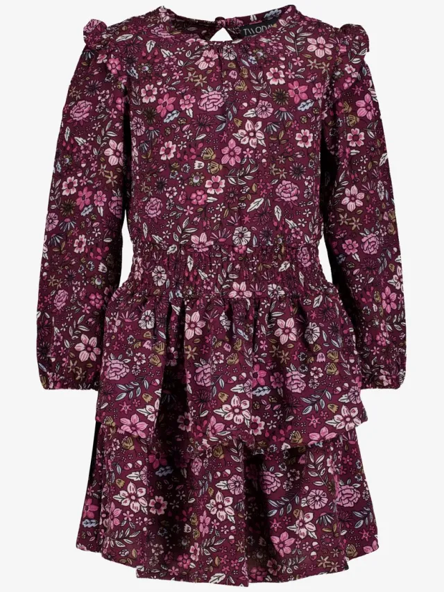 TwoDay meisjes jurk met ruches en bloemenprint paars Zwart