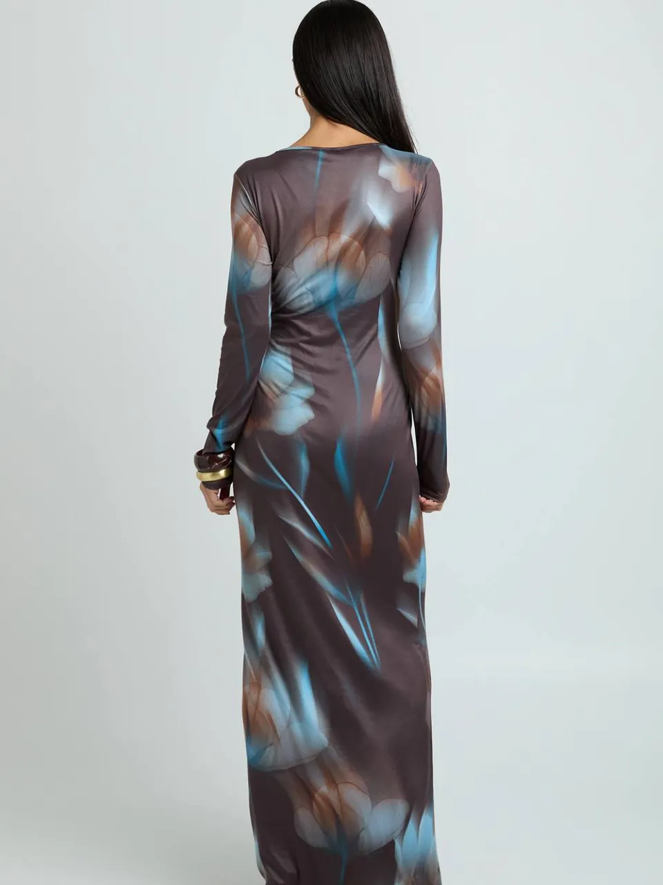boohoo Dames Toonkleurige Bloemenprint Lange Mouw Maxi Jurk chocoladebruin, foto 3
