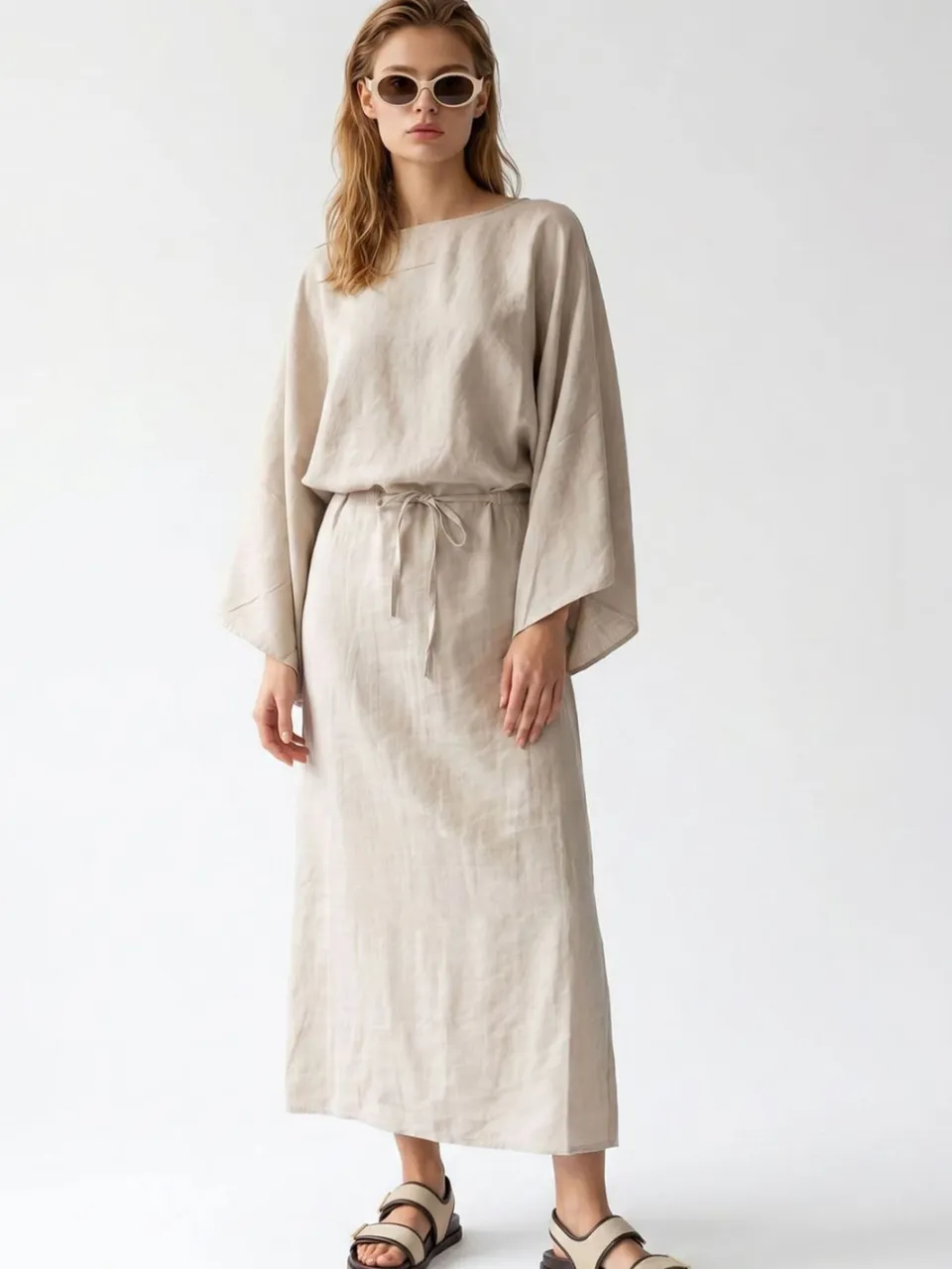 Mixray Dames Effen Textuur Maxi Jurk Met Strikdetail beige, foto 2