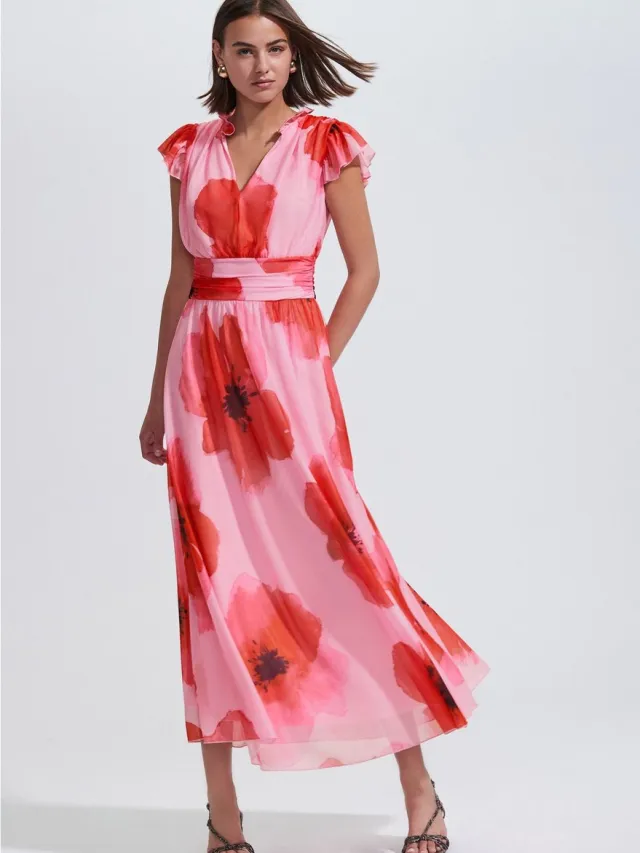 Next Dames - Lange jurk met plooien, mesh en V-hals voor speciale gelegenheden - Roze Red/Pink Floral