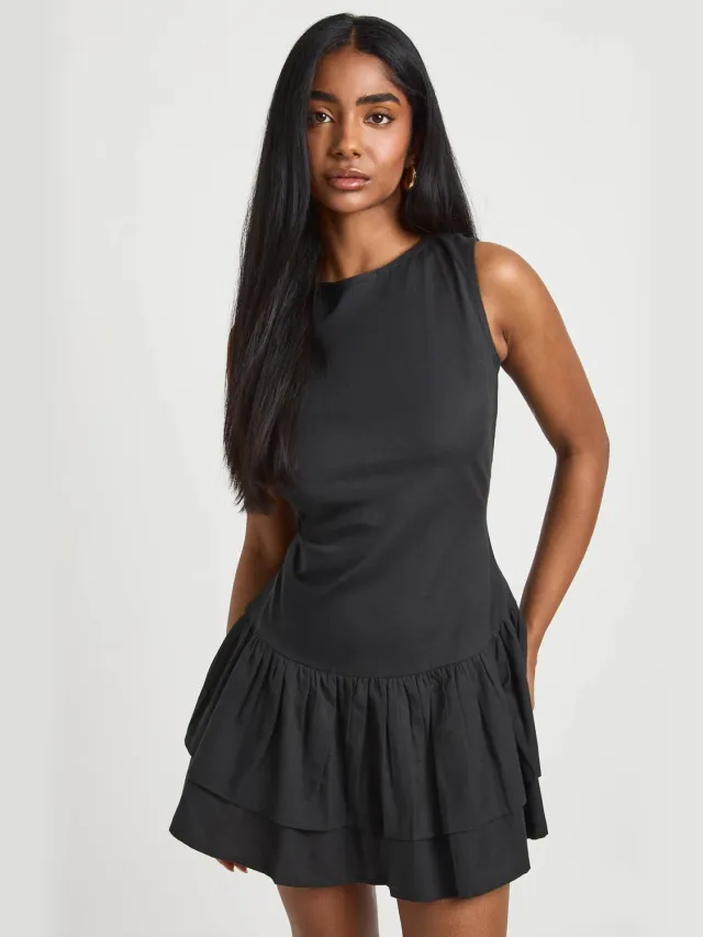 boohoo Dames Linnen Dubbele Laag Smock Jurk Zwart