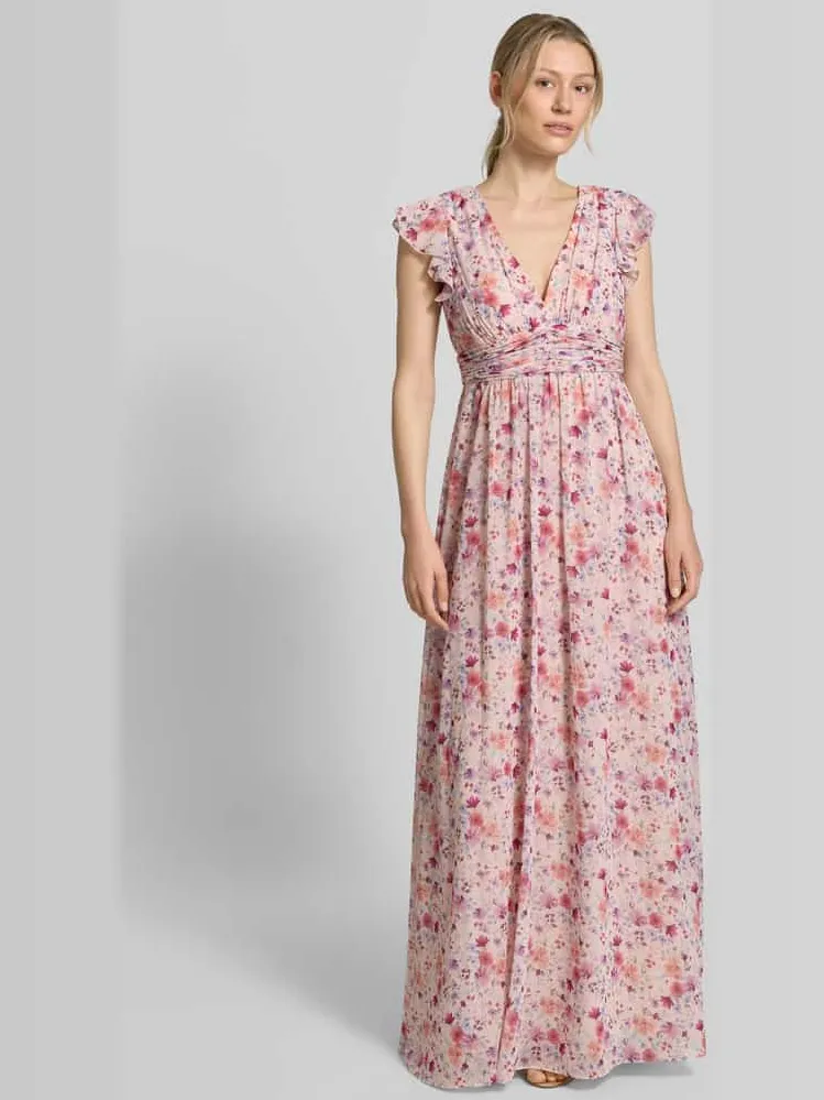 Jake*s Cocktail Avondjurk van chiffon met een florale all-over print Abrikoos gemêleerd