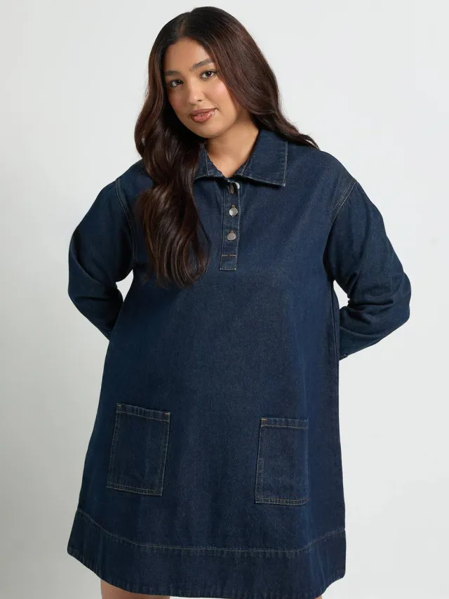 boohoo Dames Plus lange mouwen denim jurk Indigo