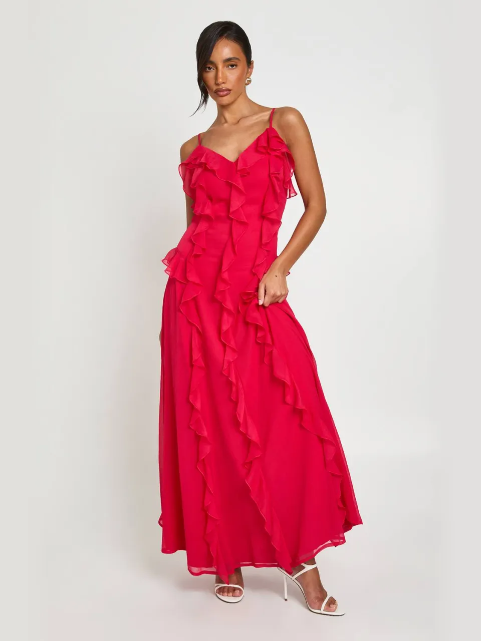 boohoo Dames Chiffon Maxi Jurk Met Ruffle Detail framboos, foto 2